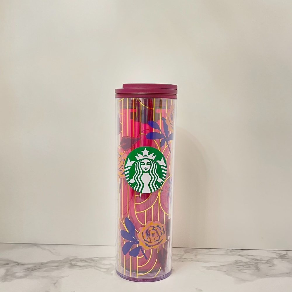 Starbucks Plum Pink Rose Blue Gold Floral Tumbler Cup Mug NEW 16 oz